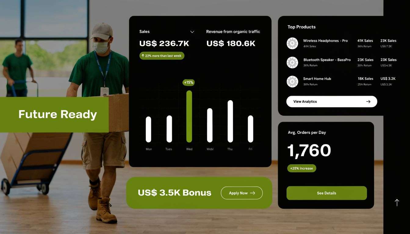 A modern analytics dashboard for an ecommerce website showing sales data, top products, and performance metrics.