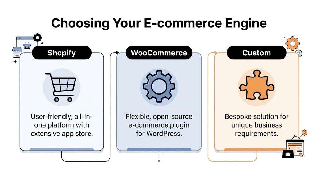 A diagram illustrating the differences between Shopify, WooCommerce, and custom e-commerce engine solutions for businesses.