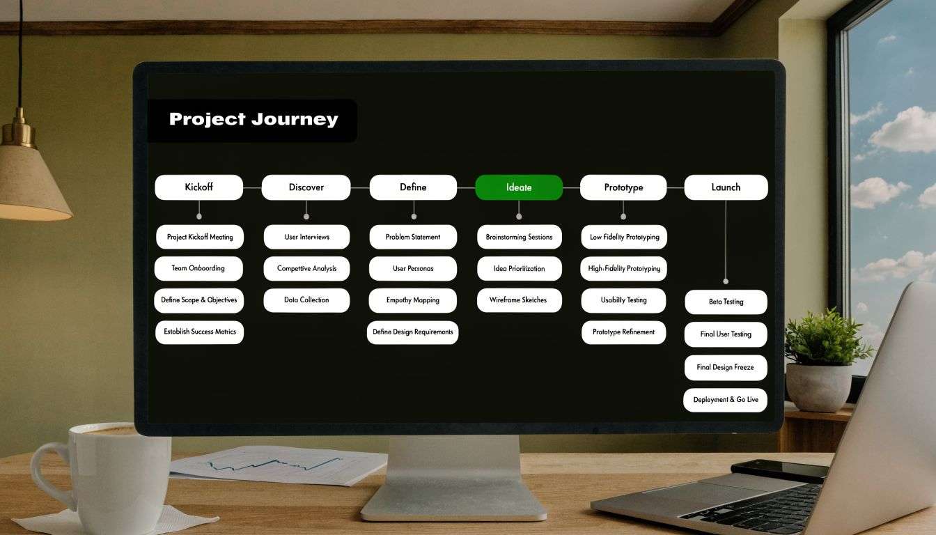 A computer monitor displaying a project journey flowchart for professional product design and development processes.