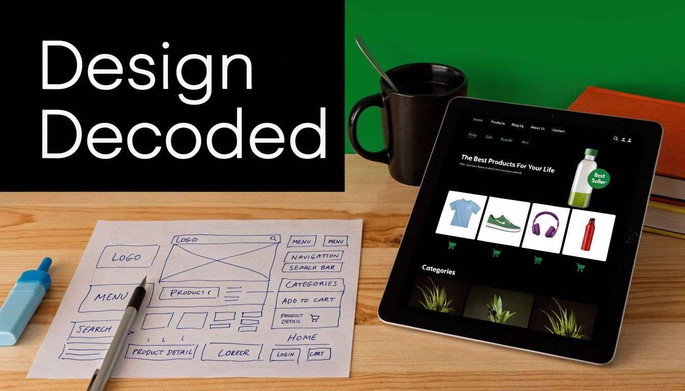 A digital tablet displaying an e-commerce website design next to a hand-drawn wireframe sketch on a wooden desk.