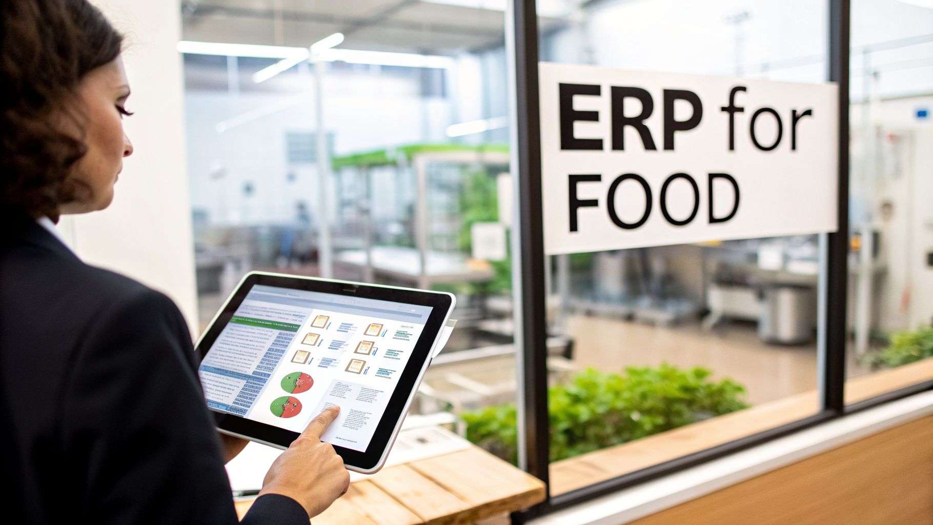 A professional analyzes business data on a tablet, with an 'ERP for FOOD' sign and manufacturing facility visible.