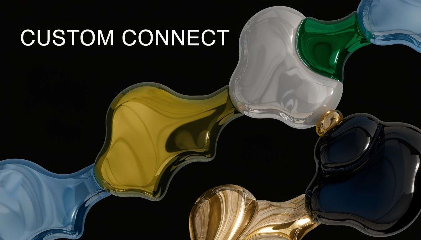 Abstract 3D rendering featuring colorful, glossy, organic liquid shapes interconnected against a dark black background.