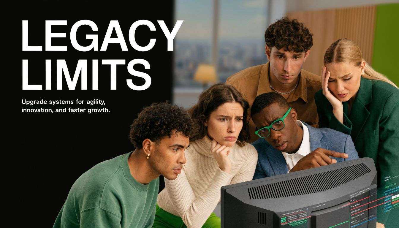 A diverse group of colleagues looking concerned while analyzing data on a computer screen in an office.