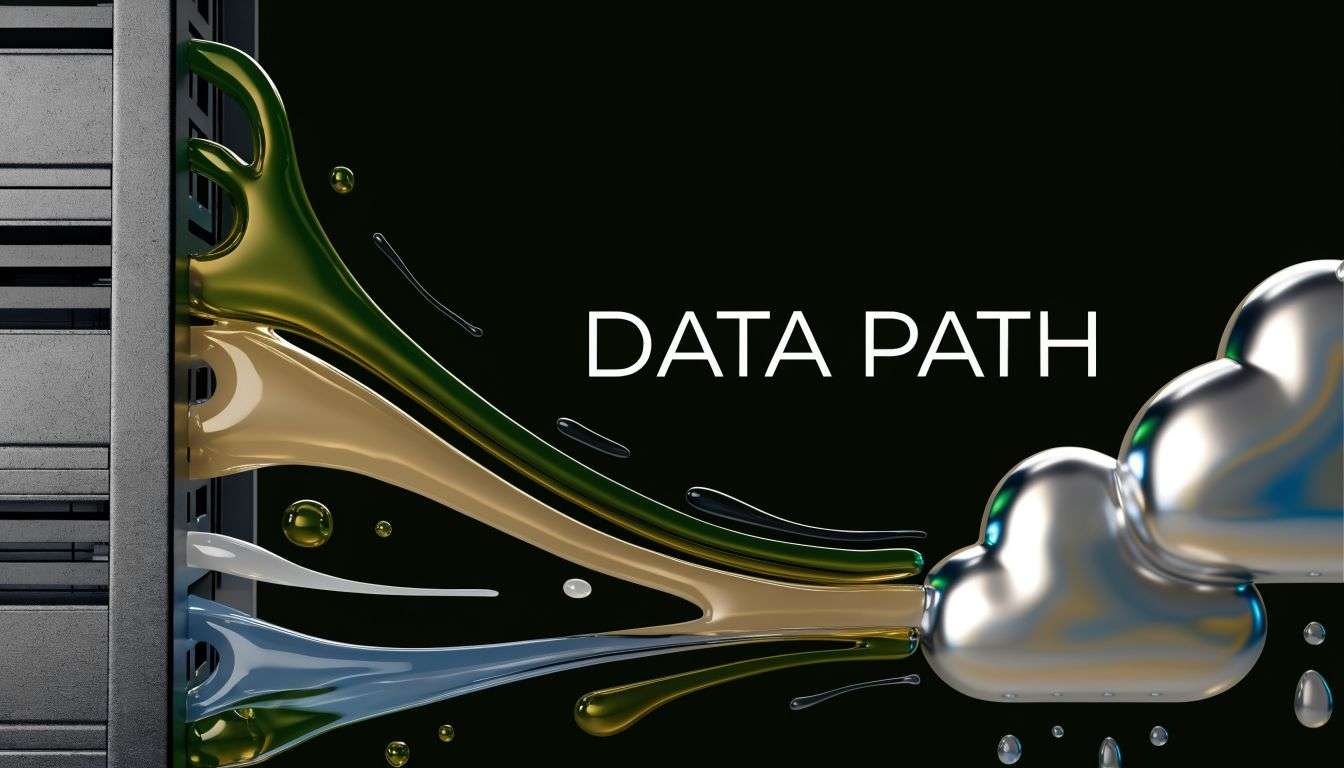 A digital representation of data moving from a server rack to a cloud computing environment
