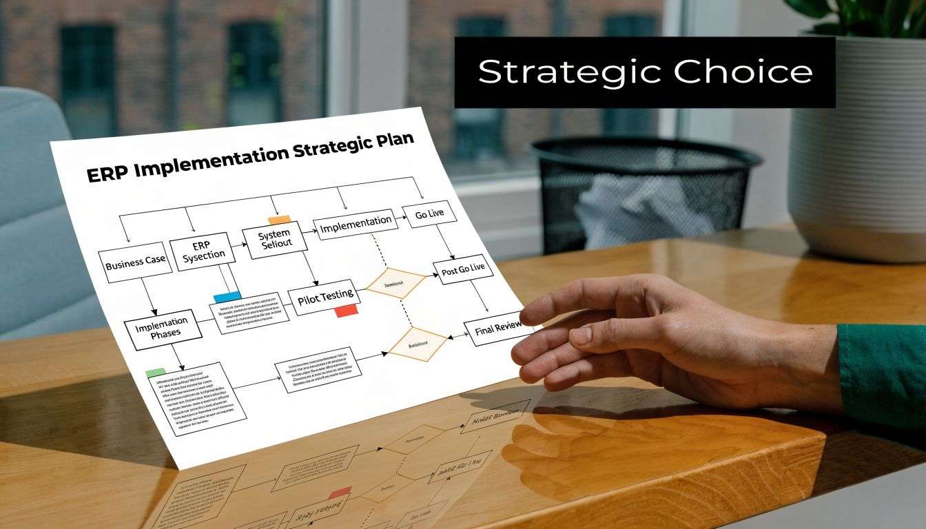 A person pointing at a printed ERP implementation strategic plan flowchart on a wooden office desk.