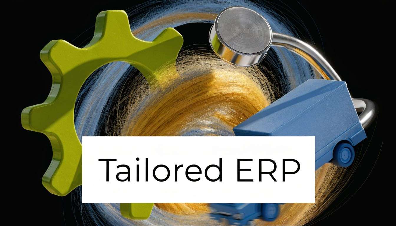 A 3D representation featuring a green gear, a blue truck, and a stethoscope with the text Tailored ERP.