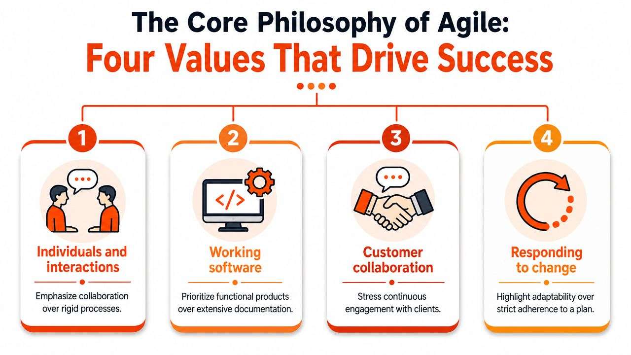 An infographic titled The Core Philosophy of Agile illustrating four essential values for project success.