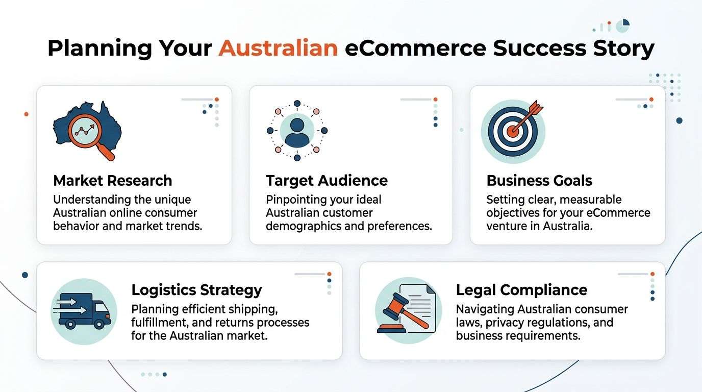 An infographic titled Planning Your Australian eCommerce Success Story outlining key steps for online business expansion.