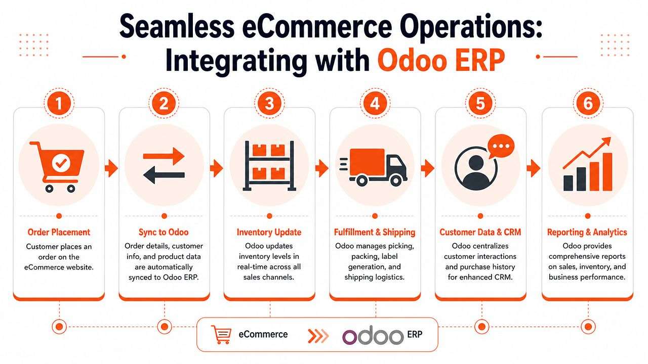 A six-step infographic illustrating how Odoo ERP integrates with eCommerce operations to streamline business processes.