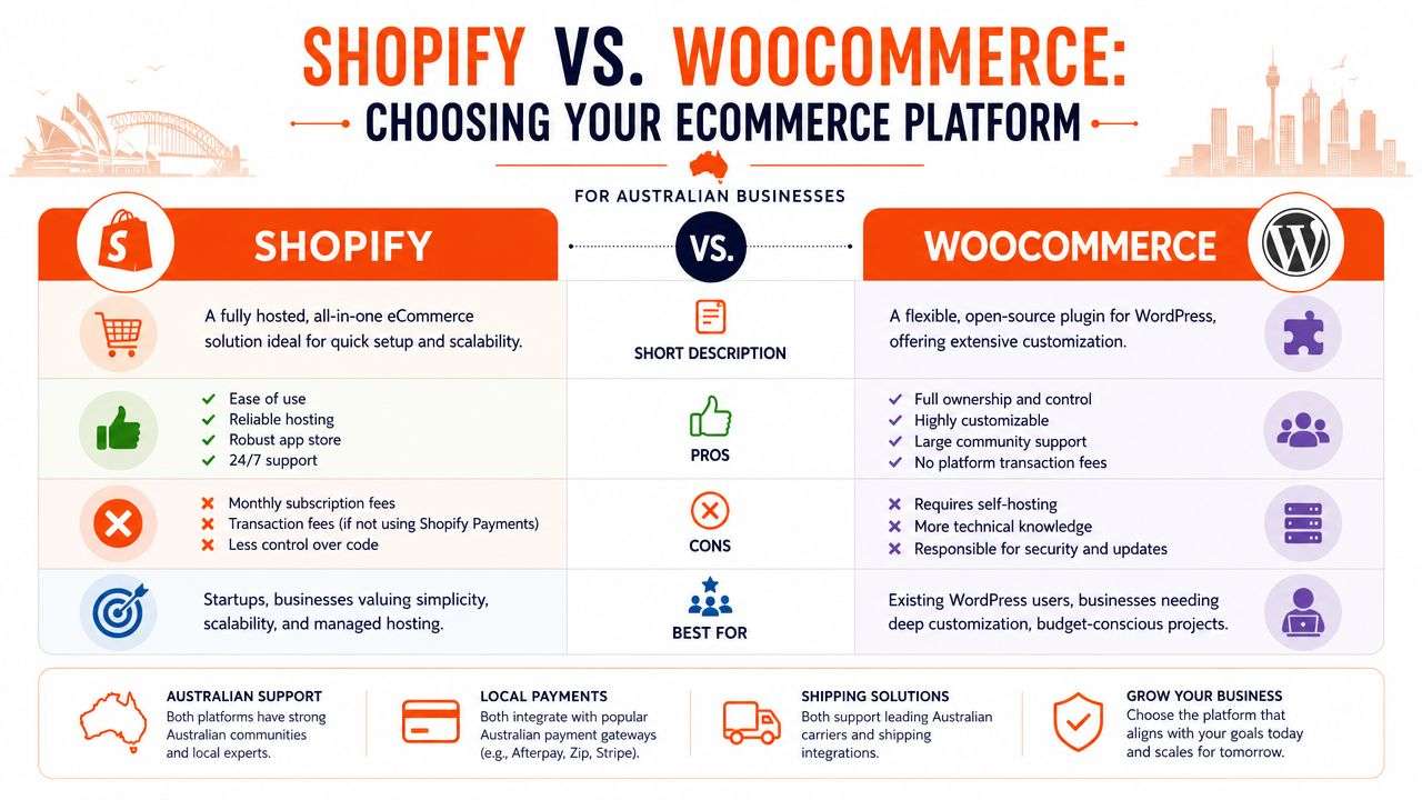 A comparison infographic between Shopify and WooCommerce for Australian ecommerce businesses highlighting features, pros, and cons.