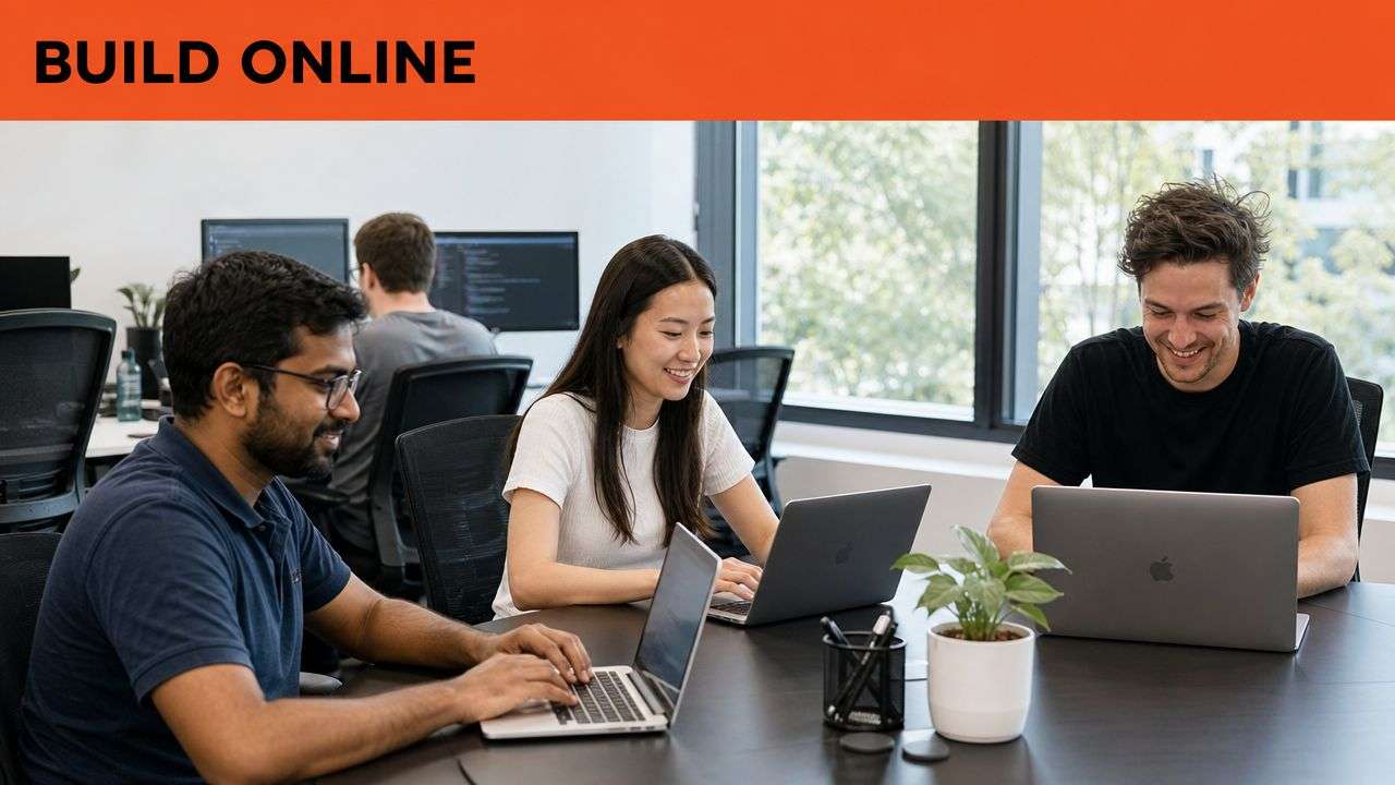 A diverse team of software developers working collaboratively on laptops in a bright, modern office space.