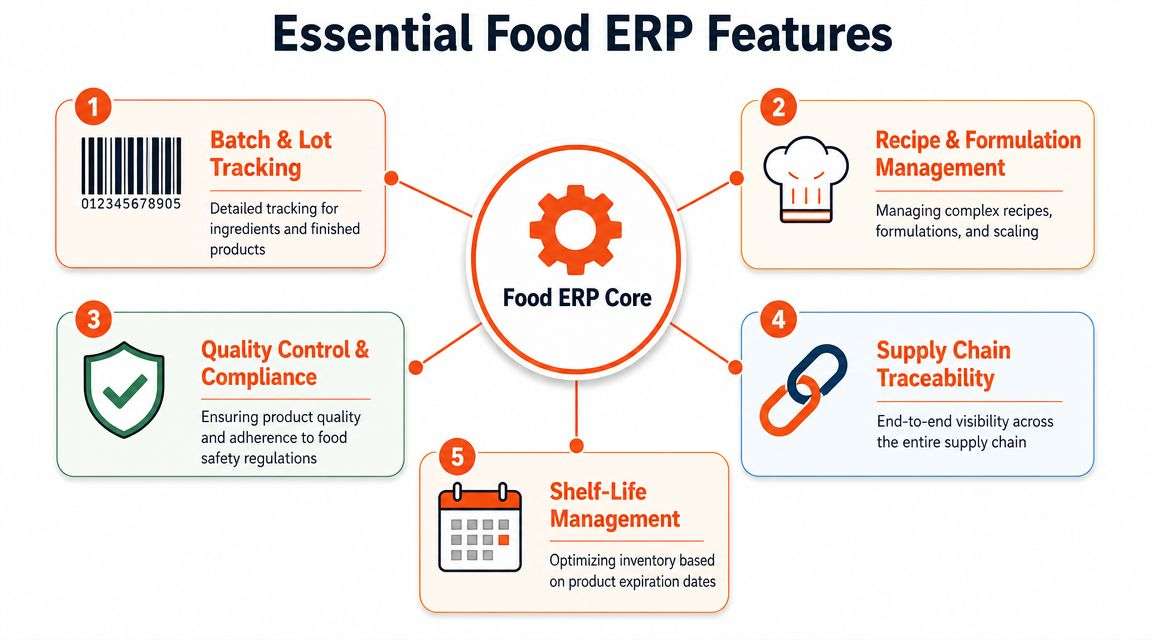 A diagram illustrating five essential food ERP software features including tracking, recipes, quality, supply chain, and shelf-life.