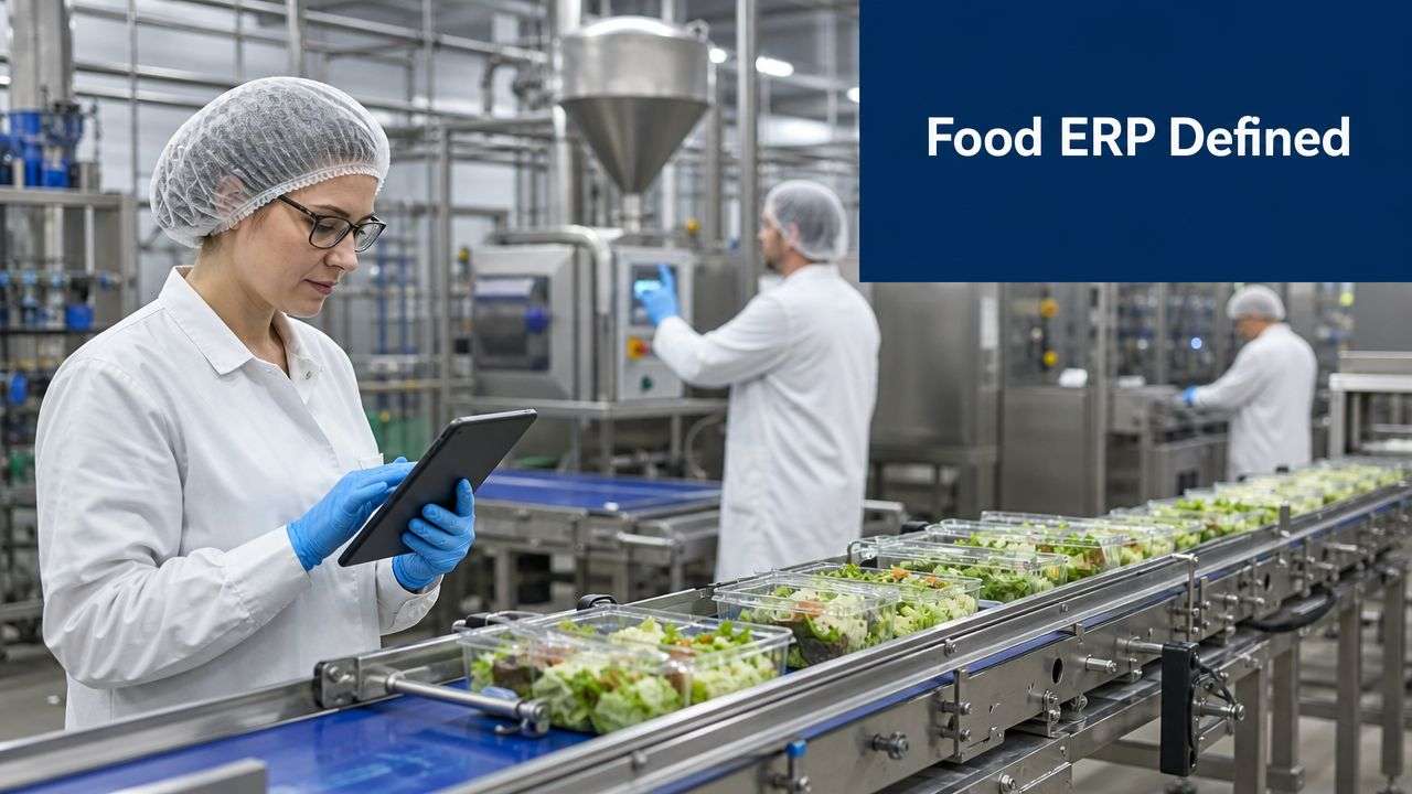 A food technician inspecting fresh salad containers on a factory assembly line while holding a tablet.