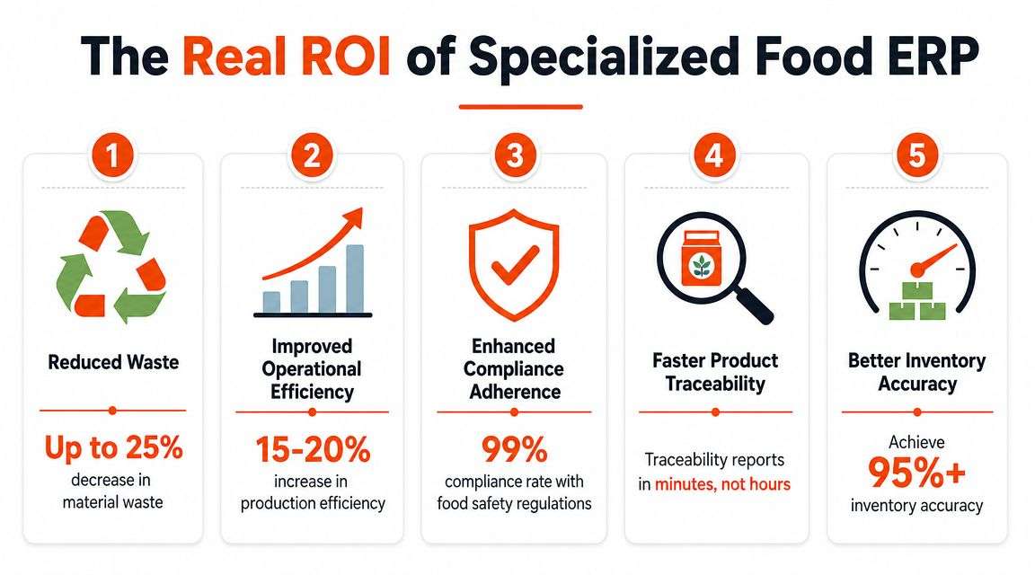 An infographic showing five key benefits of specialized food ERP software, including efficiency and inventory improvements.