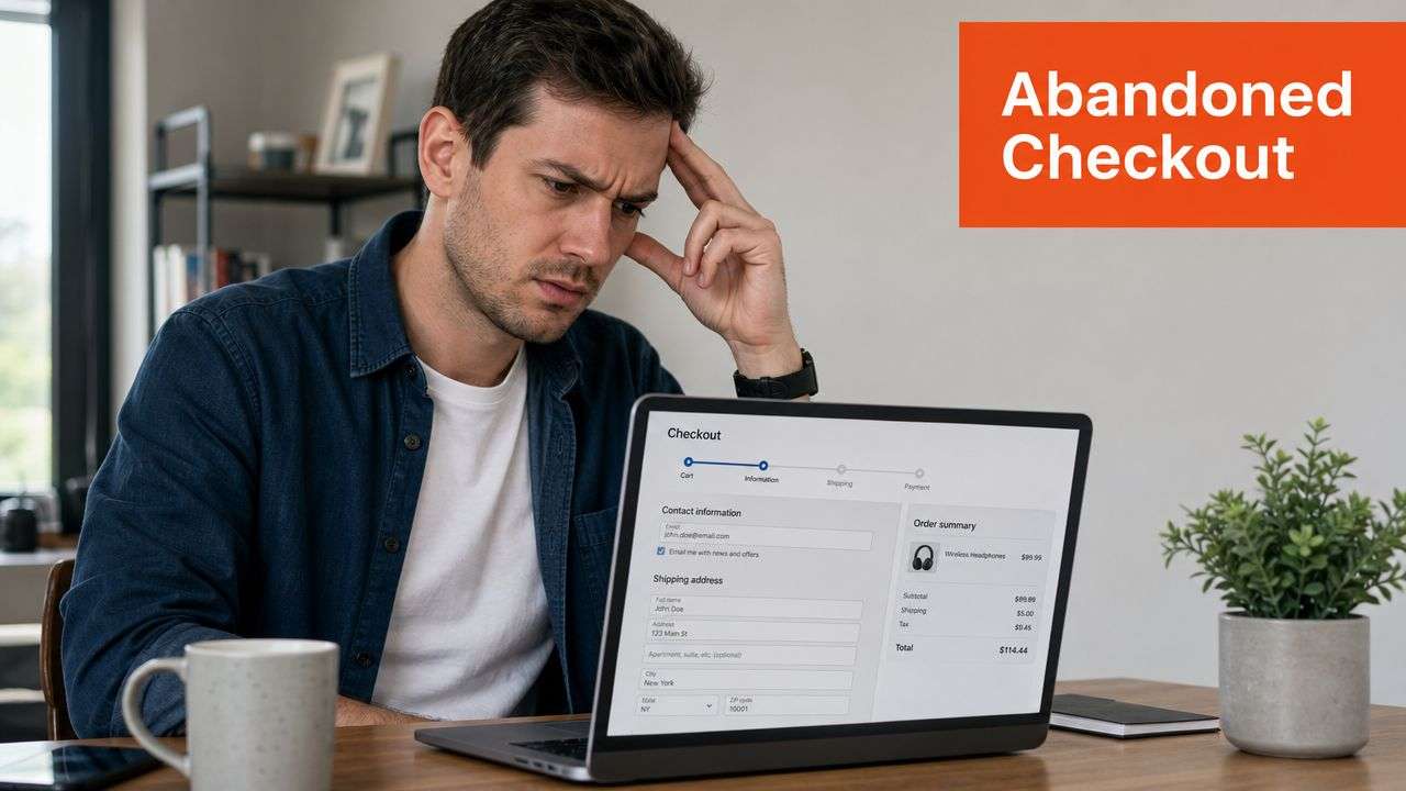 A concerned man sitting at a desk looking at a computer screen showing an abandoned online checkout.