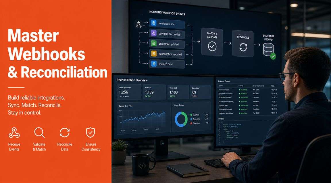 A professional developer monitors a dashboard showing webhook event processing, data validation, and reconciliation analytics on multiple screens.