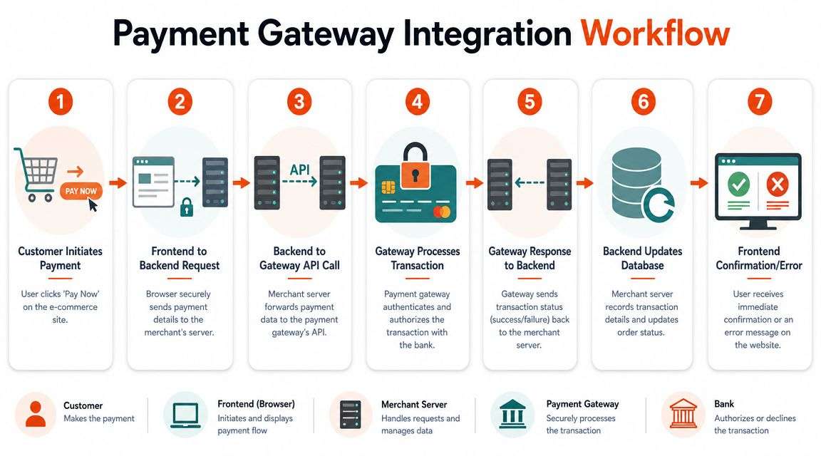 A diagram illustrating the seven-step workflow of a secure online payment gateway integration process.