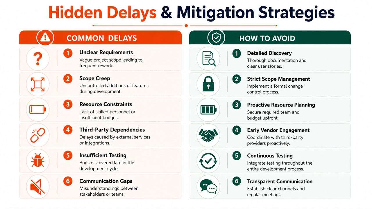 A chart showing common project delays and corresponding mitigation strategies for successful website and software development projects.