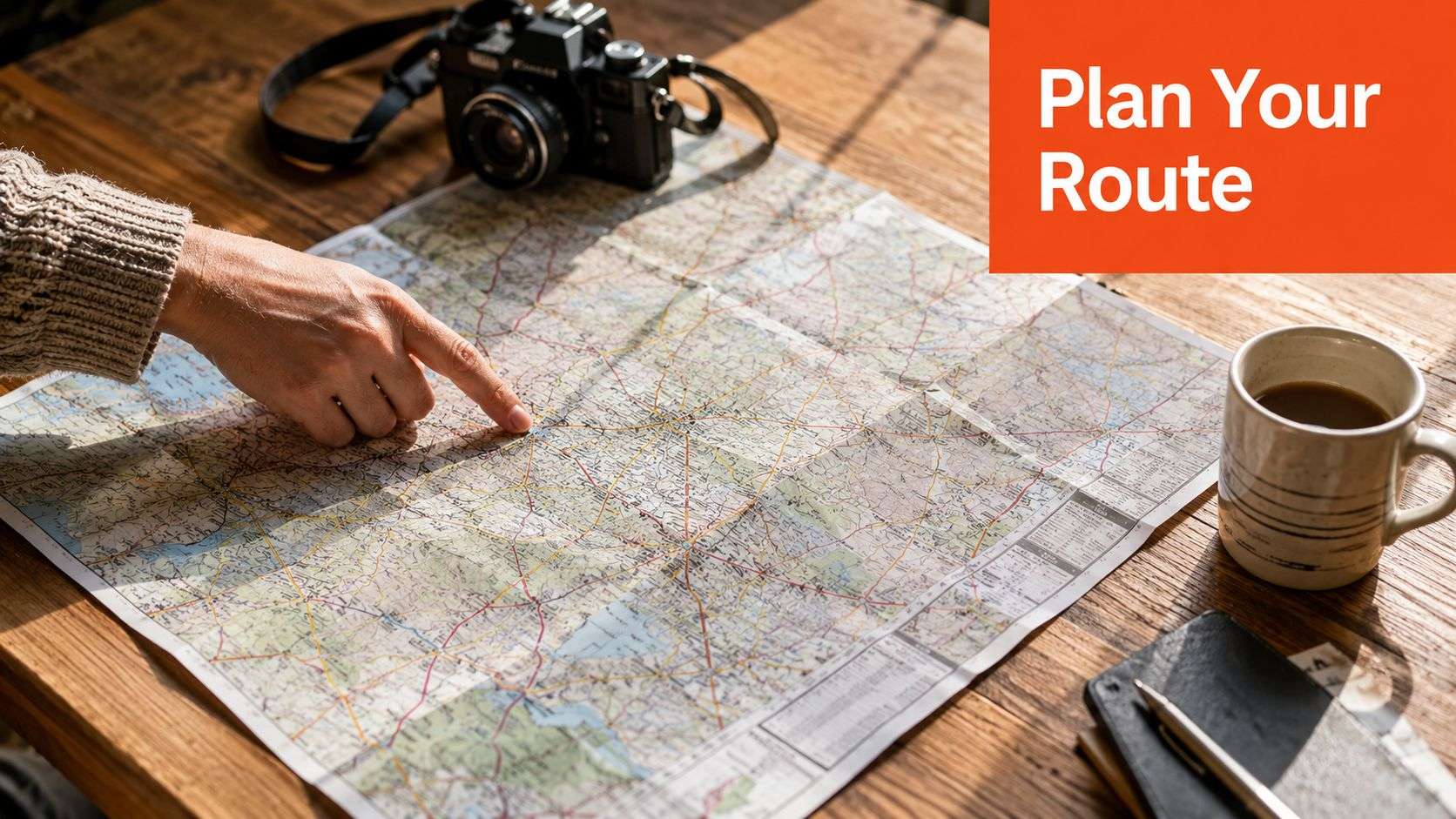 A person pointing at a physical paper map on a wooden table for trip planning.