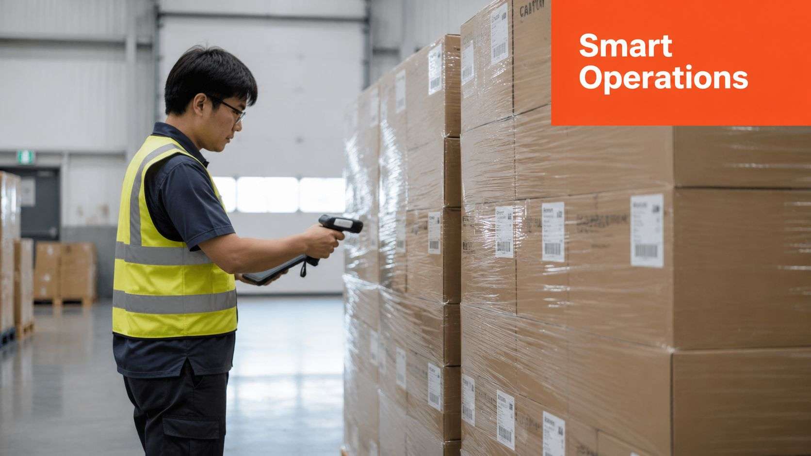A warehouse worker in a high-visibility vest scanning boxes with a barcode reader for inventory tracking.