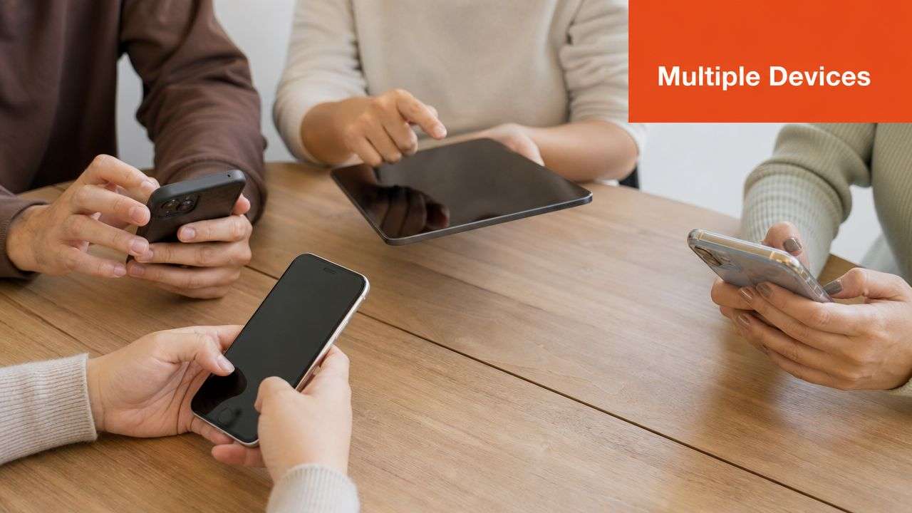 A group of people sitting around a wooden table using various smartphones and a tablet simultaneously.