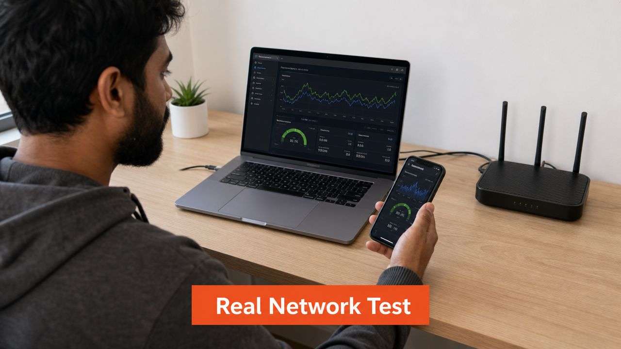 A man monitoring network performance metrics on his laptop and smartphone while sitting at a wooden desk.