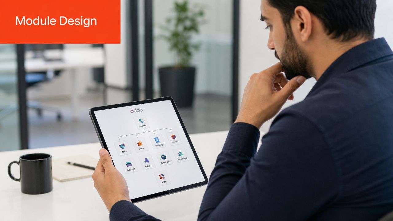 A professional man holding a tablet displaying an Odoo module design diagram in a modern office.