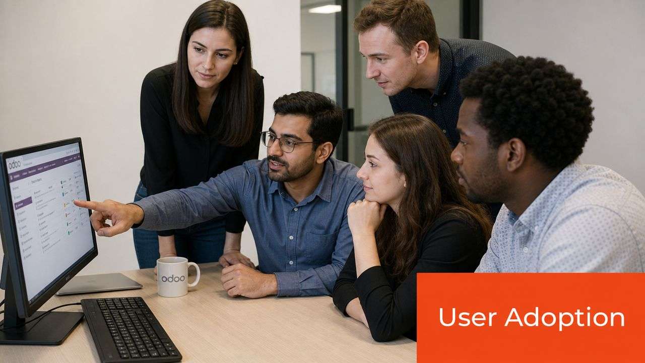 A professional team collaborating and discussing business software implementation on a desktop monitor in an office.