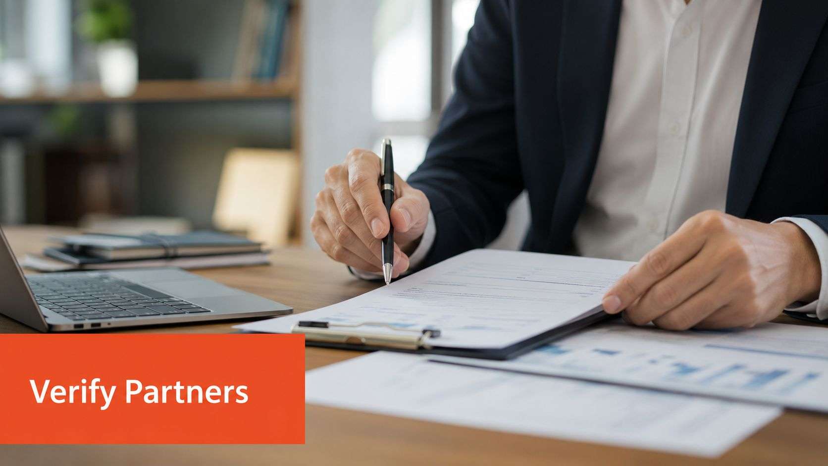 A professional in a suit reviewing and signing documents in a modern office, Odoo partner australia.