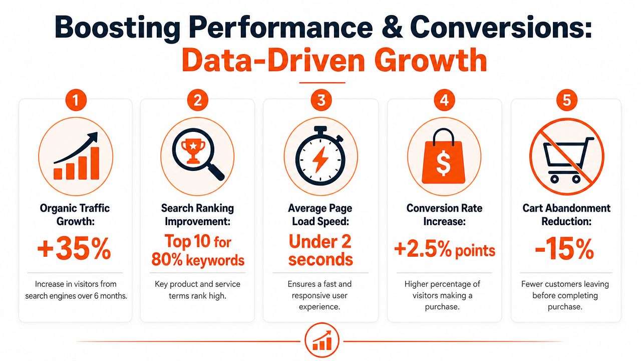 An infographic showing five key metrics for improving Shopify website performance and boosting customer conversion growth.