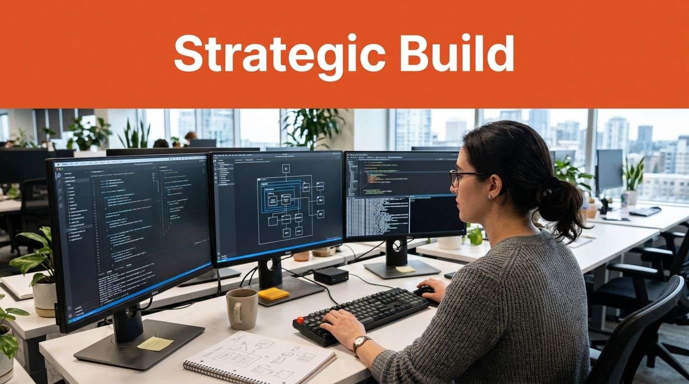 A female software developer working on multiple monitors with code and architecture diagrams in an office.
