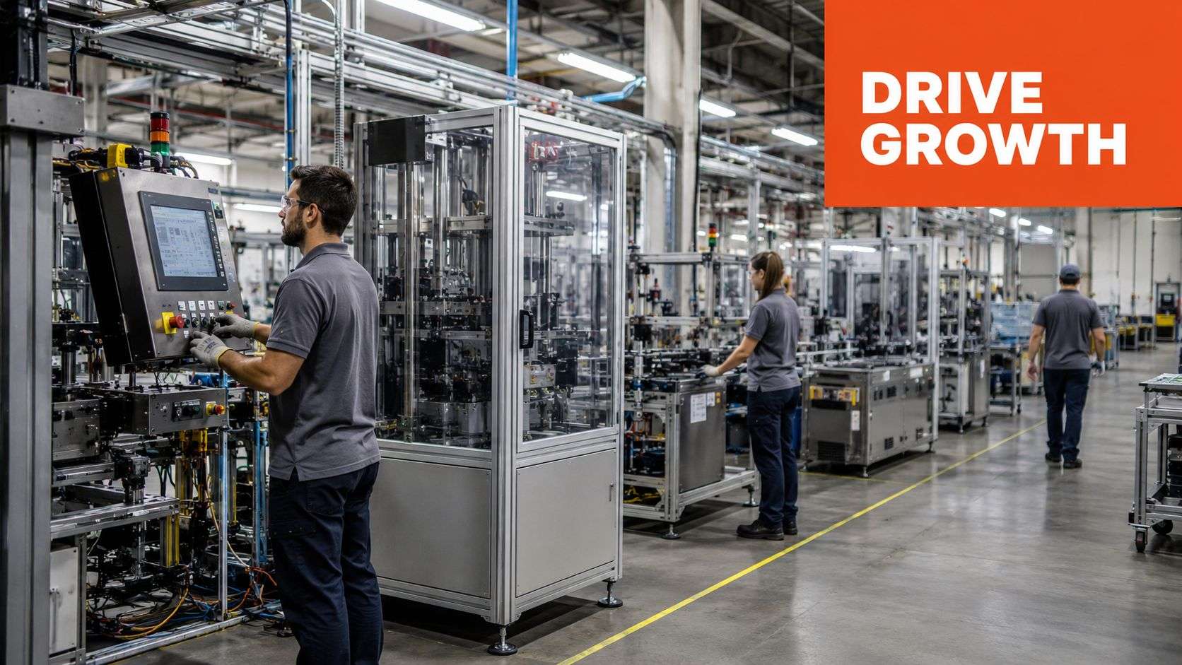 Workers operating advanced manufacturing machinery in a modern industrial factory setting with a growth slogan displayed.