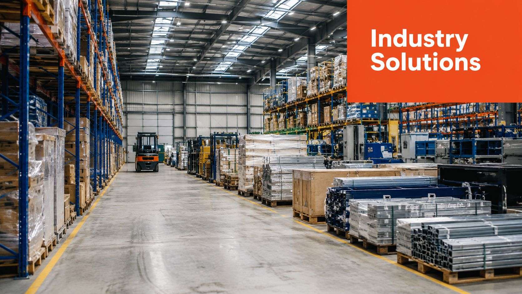 An expansive industrial warehouse featuring tall blue metal racking units stocked with various packaged goods and pallets.