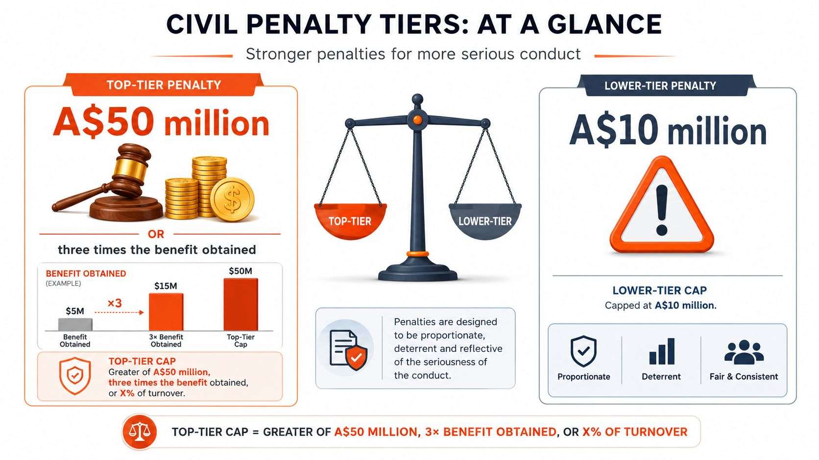 An infographic detailing Australian civil penalty tiers, comparing top-tier and lower-tier financial sanctions and caps.