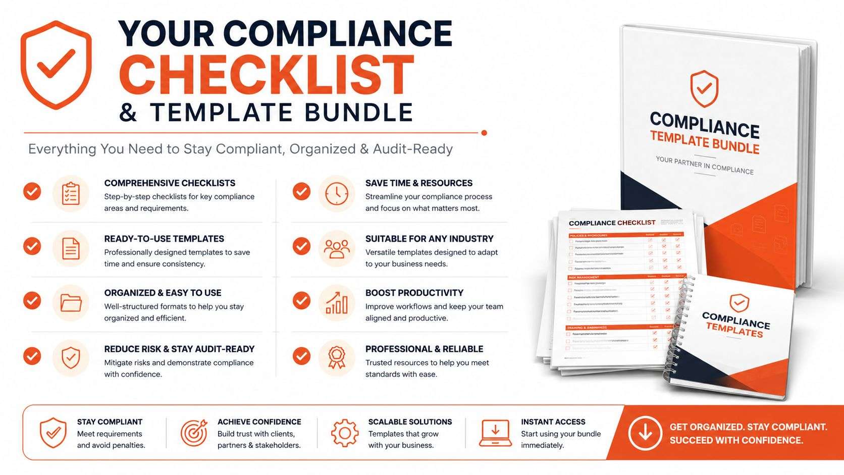 A marketing bundle for compliance checklists and templates, highlighting benefits for staying organized and audit-ready.