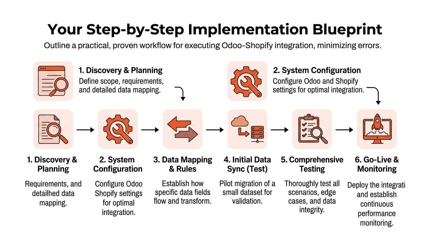 A six-step blueprint infographic outlining the professional workflow for integrating Odoo and Shopify business software systems.