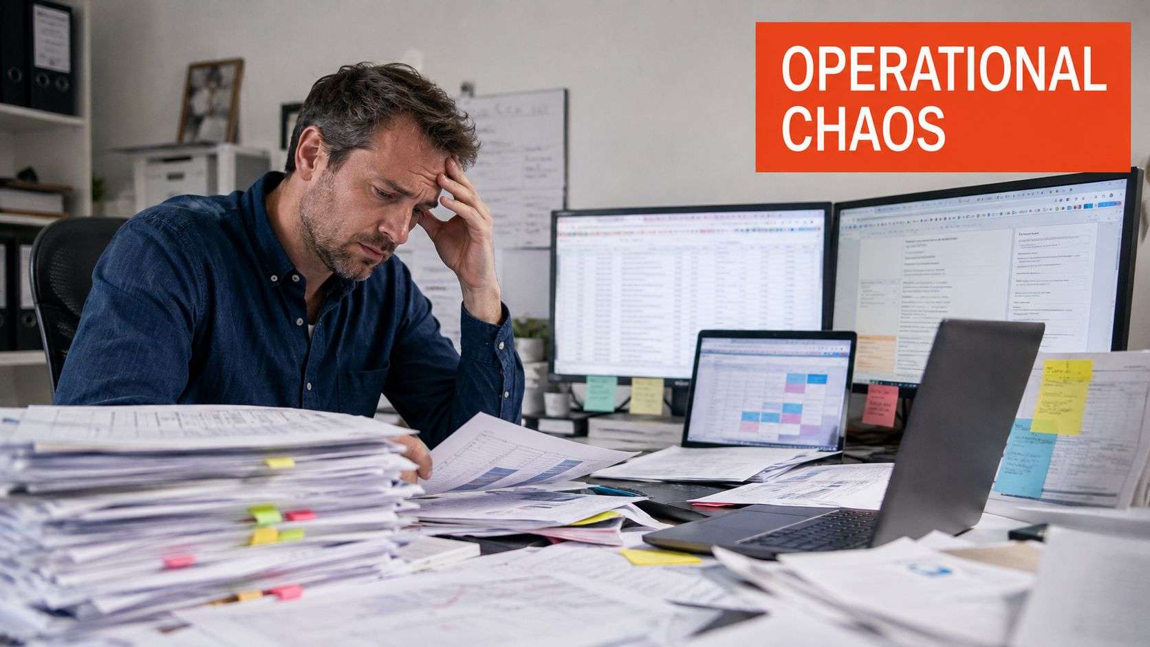A stressed businessman sitting at a cluttered desk overwhelmed by paperwork and multiple computer screens.