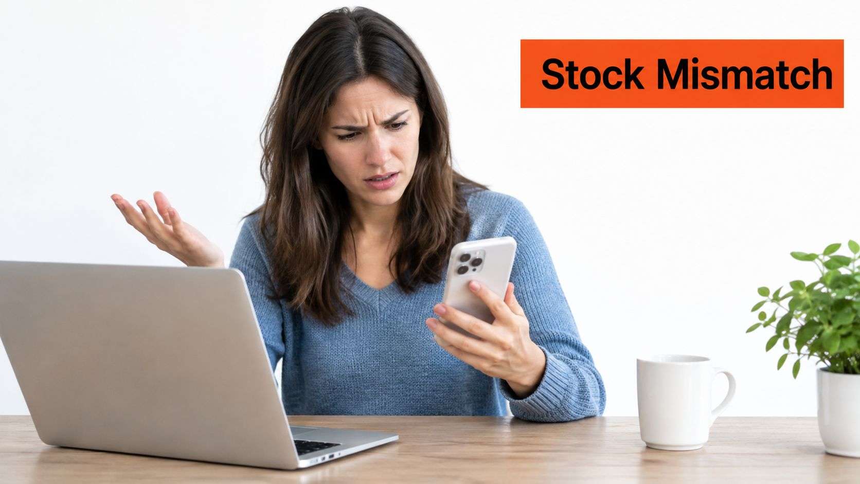 A woman looking frustrated while checking her phone at a desk with a laptop and coffee.